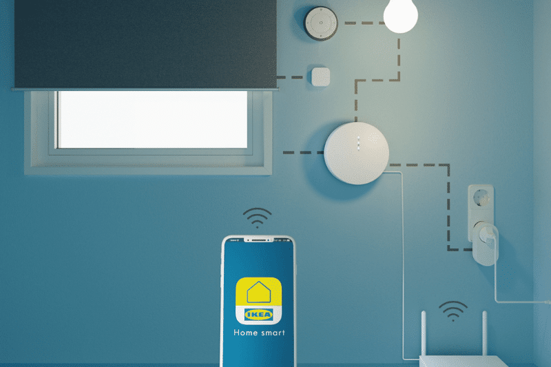 Die Vernetzung zwischen den einzelnen IKEA Produkten, der App und dem WLAN-Netzwerk wird dargestellt.